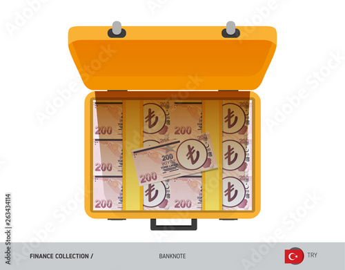 Yellow case with 200 Turkish Lira Banknotes. Flat style vector illustration. Salary payout or corruption concept.