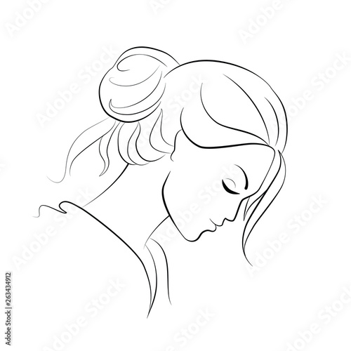 Woman young pensive face, black outline on white background