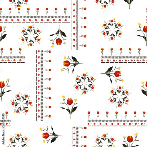 Beautiful red tulip flowers with line in bohemian scarf style seamless pattern vector design for fashion,fabric ,web,wallpaper and all pints