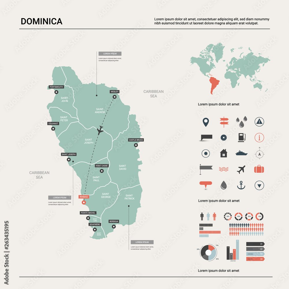 Vector map of Dominica.  High detailed country map with division, cities and capital Roseau. Political map,  world map, infographic elements.
