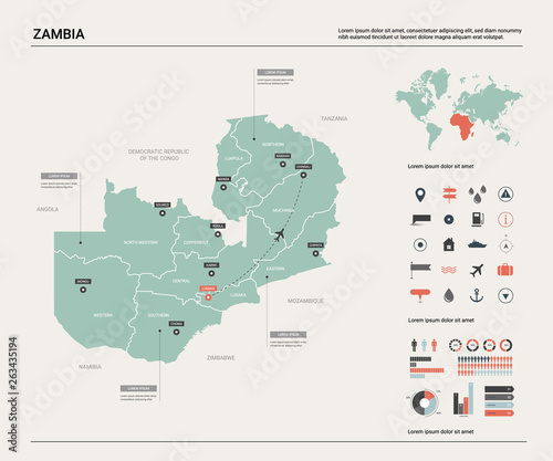 Vector map of Zambia. High detailed country map with division, cities and capital Lusaka. Political map, world map, infographic elements.