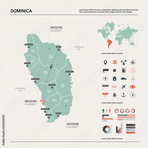 Vector map of Dominica.  High detailed country map with division, cities and capital Roseau. Political map,  world map, infographic elements.