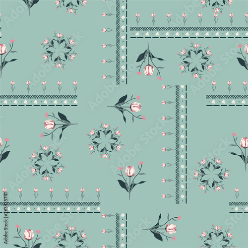 Sweet pasterl Seamless pattern vector Stylish white tulip flowers with line in bohemian scarf style design for fashion,fabric ,web,wallpaper and all pints