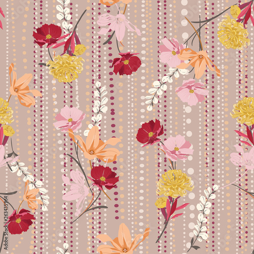 Sweet vintage  Hand drawing colorful florals seamless pattern vector on and polkadots line garden mood stylish for fashion ,fabric,web,wallpaper and all prints