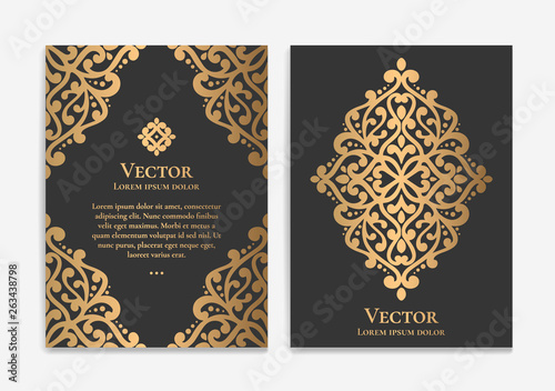 Gold vintage greeting card design with a black background. Luxury vector ornament template. Mandala. Great for invitation, flyer, menu, brochure, wallpaper, decoration, or any desired idea.
