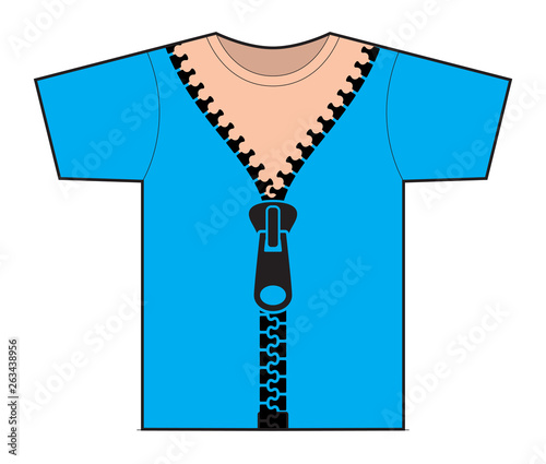 Vector blue T-shirt with unzipped zipper. Isolated on white background.