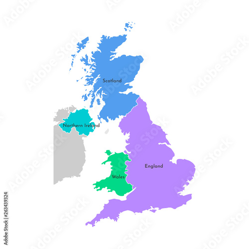 Colorful vector isolated simplified map. Grey silhouette of the UK provinces. Border of administrative division - Scotland, Wales, England, Northern Ireland.