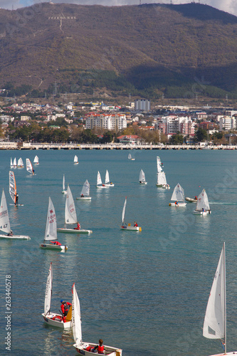 The Resort Of Gelendzhik. Annual children's yacht regatta. Many yachts with white sails in Gelendzhik Bay on the background of the resort and the mountains. Markoth ridge. 