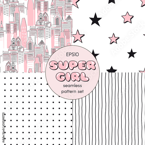 Pink Supergirl themed seamless vector pattern set. Pop art comic cityscape background. Abstract dotty and starry geometric backdrop. Vertical stripes print. Perfect for girlish fabric textile fashion