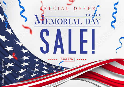 Banner for Memorial day sale design. Memorial day sign on a dark blue background with 3d percent symbol. Vector illustration for business promotion.