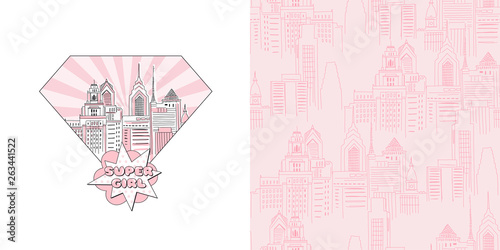 Photography Vector childish graphic set of typographic print with Big City scape in diamond shape with super girl comic lettering and modern New York cityscape neutral seamless pattern