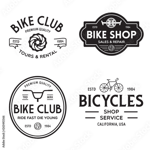 Set of vintage and modern bike shop logo badges and labels. Cycle wheel isolated vector. Old style bicycle shop and repair logotypes.