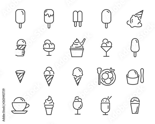 set of ice cream icons, such as  parfait, frozen yogurt, ice cream sundae, vanilla, chocolate