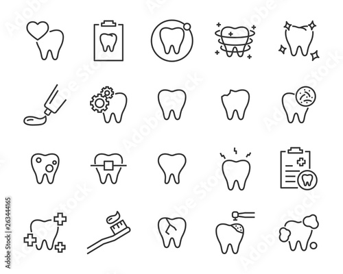 set of teeth icons, such as, tooth, dentist, clean, protect, treat, oral