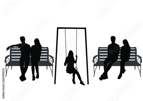 Vector silhouettes girl on a swing  man and woman on a bench  different poses  couple  people  relax  black color isolated on white background