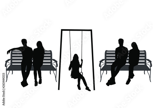 Vector silhouettes girl on a swing, man and woman on a bench, different poses, couple, people, relax, black color isolated on white background