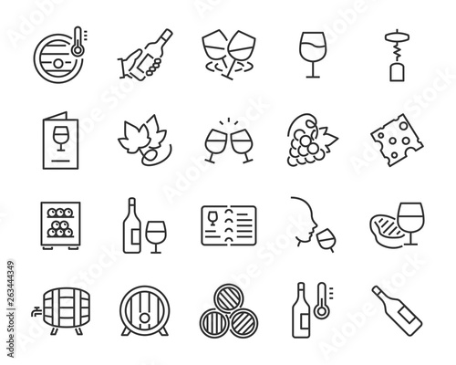 set of wine icon, such as grape, cheese, barrel, bottle, glass