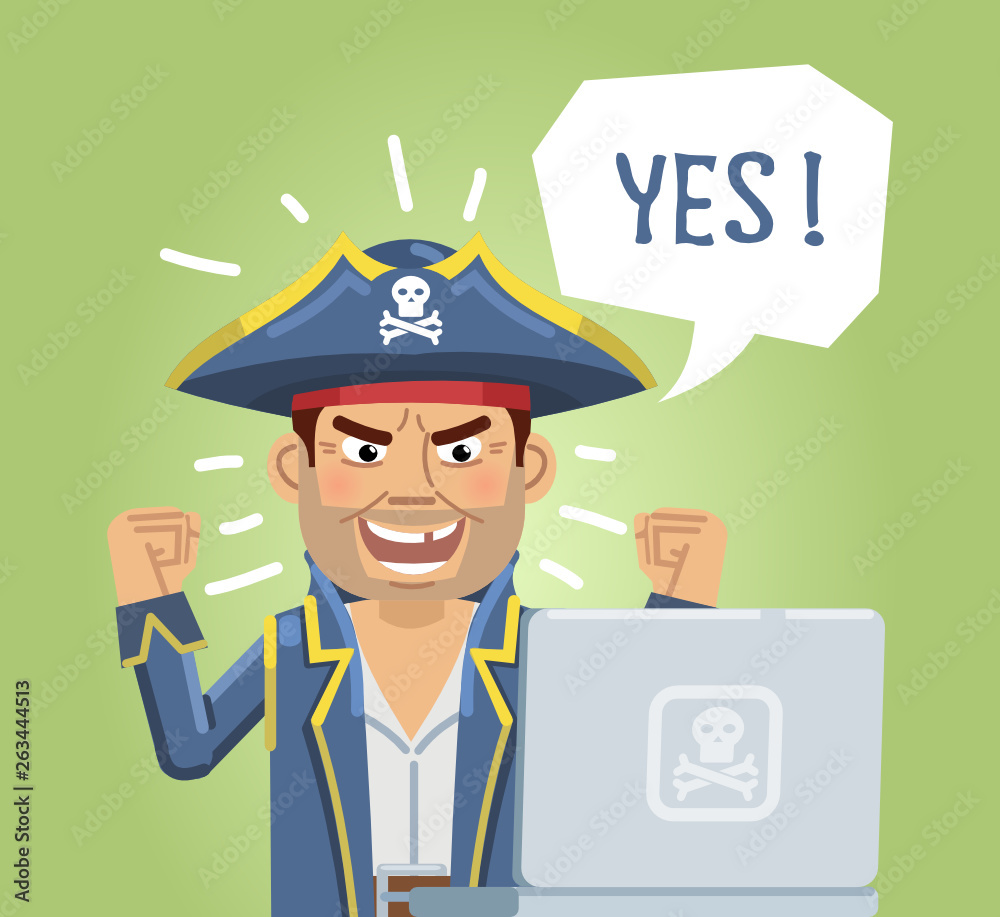 Illustration of a satisfied pirate with laptop. Modern internet piracy concept, hacker. Happy pirate celebrating successful hacking. Flat style vector illustration