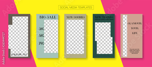 Editable Stories Minimal Vector Layout. Social Media Like and Share, Trends, Sale -50 Photo Frames Kit. Sale Insta Stories Layout