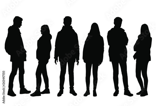 Vector silhouettes man and woman, outerwear, different poses, profile,  business people, group , standing,  black color, isolated on white background