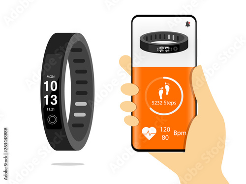 Smart Band App Mobile Phone Sport bracelet. Fitness band run tracker vector illustration. Flat cartoon wristband with running activity steps counter and heartbeat pulse meter