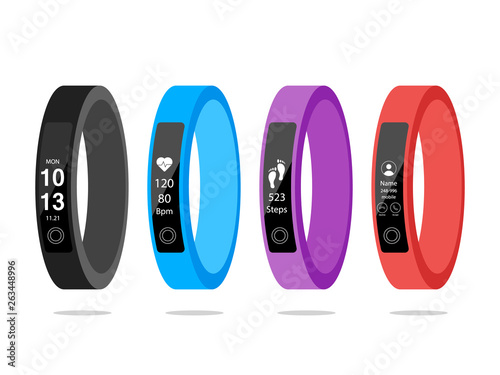 Set Smart Band App Mobile Phone Sport bracelet. Fitness band run tracker vector illustration. Flat cartoon wristband with running activity steps counter and heartbeat pulse meter