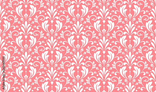 Wallpaper in the style of Baroque. Seamless vector background. White and pink floral ornament. Graphic pattern for fabric, wallpaper, packaging. Ornate Damask flower ornament