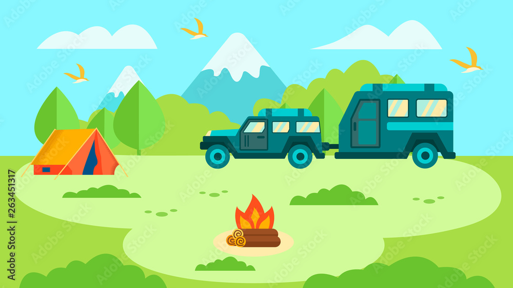 Camper Trailer in Forest Family Trip Card Design Camper Trailer in Forest Family Trip Card Design