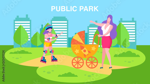 Public Park Advertisement Banner in Cartoon Style