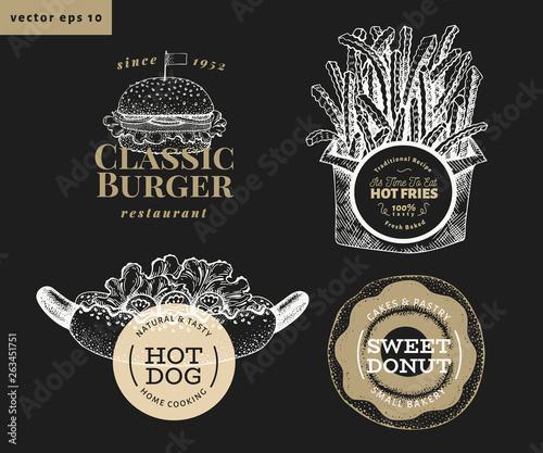 Set of four street food logo templates. Hand drawn vector fast food illustrations on chalk board. Hot dog, burger, french fries, donut vintage labels