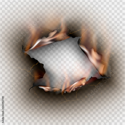 Hole torn in ripped paper with burnt and flame on transparent