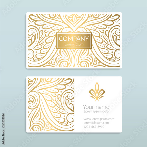 White and gold vintage business card. Luxury vector ornament template. Great for invitation, flyer, menu, brochure, postcard, background, wallpaper, decoration, packaging or any desired idea.