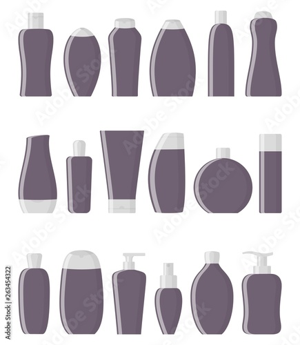 Set of dark purple flat cosmetic bottles. Cream, shampoo, gel, spray, tube and soap. Skin and body care, toiletres. Products for beauty and cleanser. Vector illustration in flat style