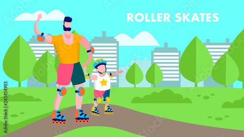 Cartoon Family Roller Skate Flat Sport Banner Text