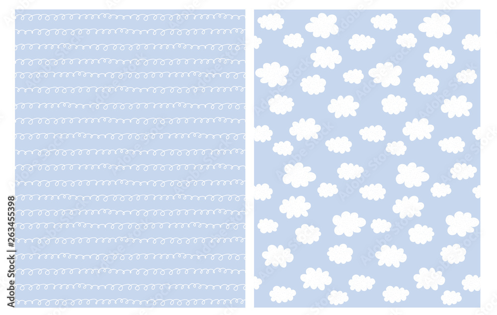 Set of 2 Seamless Pattern with White Abstract Fluffy Clouds and Lines with Loops Isolated on a Blue Background. Lovely Hand Drawn Cloudy Sky Design. Infantile Style Irregular White Lines on a Blue. Set of 2 Seamless Pattern with White Abstract Fluffy Clouds and Lines with Loops Isolated on a Blue Background. Lovely Hand Drawn Cloudy Sky Design. Infantile Style Irregular White Lines on a Blue.