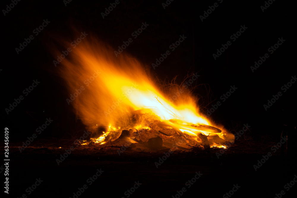 Bonfire burning trees at night. Large orange flame isolated on a black background