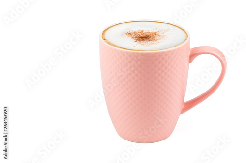 Side view of Hot cappuccino coffee in a pink ceramic tall mugs pastel colored tone isolated on white background. (Clipping path inside)