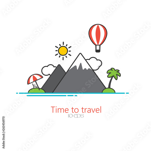 Time to travel. Summer vacation at sea. Sea, mountains, palm trees, chaise longue and balloon. Flat graphics