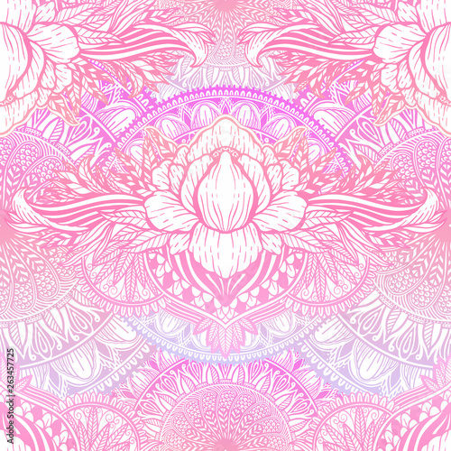 Art seamless pattern lotus flower mandala. Ethnic abstract print. Colorful repeating background texture. Culture bohemian ornament.