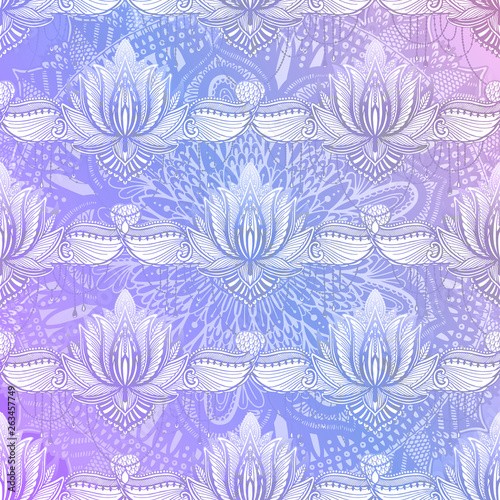 Art seamless pattern lotus flower mandala. Ethnic abstract print. Colorful repeating background texture. Culture bohemian ornament.