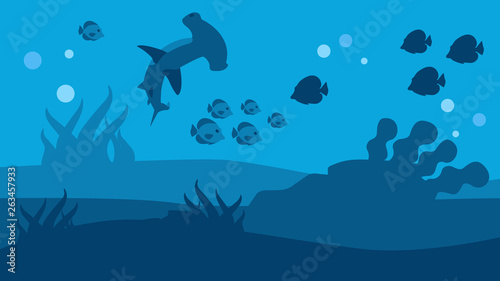 Silhouette Hammer Shark and Fish Seascape Banner