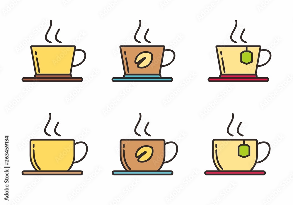 Set of coffee and tea vector illustration. Coffee and tea icon with outline desing Set of coffee and tea vector illustration. Coffee and tea icon with outline desing