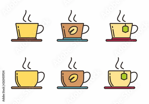 Set of coffee and tea vector illustration. Coffee and tea icon with outline desing