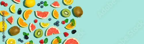 Obraz  z motywem Collection of mixed fruits overhead view flat lay