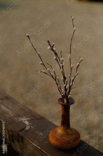 Willow branches in a clay jug in the yard