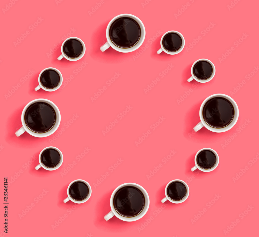 Round frame of coffee cups overhead view flat lay Round frame of coffee cups overhead view flat lay