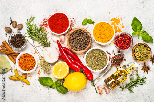 Fototapeta Naklejka Na Ścianę i Meble -  Set of various spices and herbs top view.