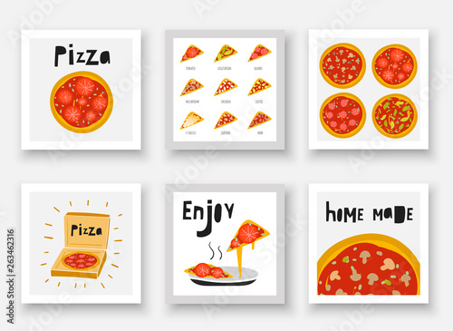 Cute hand drawn doodle pizza set including pizza with cheese, seafood, chicken