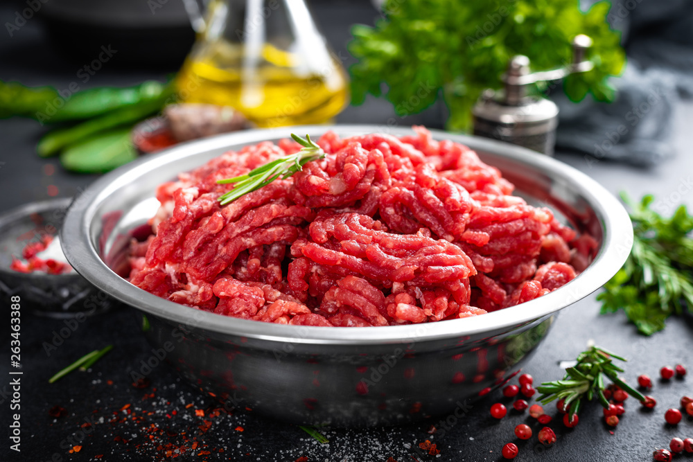 Mince. Ground meat with ingredients for cooking Mince. Ground meat with ingredients for cooking