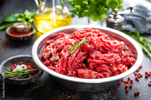 Mince. Ground meat with ingredients for cooking